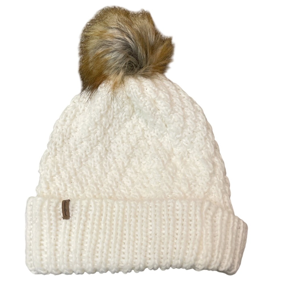 Eddie Bauer Women's Cabin Faux Fur Pom Beanie Winter Whites Knit Fleece Lined OS